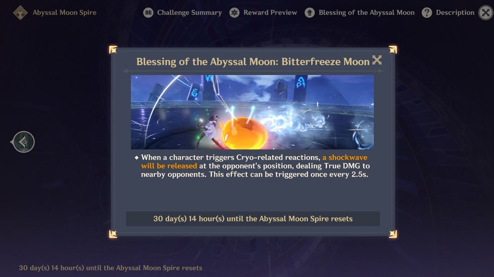 Blessing of the Abyssal Moon buff for the Genshin Impact 5.7 Spiral Abyss (Image via HoYoverse)